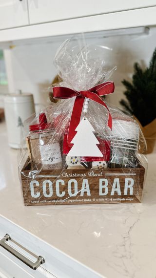 Hot Cocoa Gift Basket with Homemade Hot Cocoa Mix | All Things Target Hot Choc Gift Ideas, Holiday Hot Cocoa Gift Ideas, Christmas Gift Basket Ideas For Work, December Gift Basket Ideas, Adult Hot Cocoa Gift Basket, Hot Cocoa Box Gift Ideas, Christmas Coffee Gift Basket, Hot Drink Gift Basket Ideas, Hot Choc Gift Basket