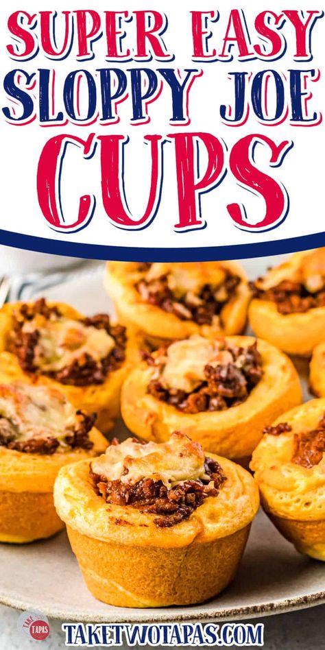 These delicious sloppy joe cups are made from refrigerated biscuits or cornbread muffins that have been filled with sloppy joe meat, topped with cheese, and baked to perfection! Great for parties, family gatherings, or game nights, these simple but delicious cups are a lifesaver for last-minute meals or snacks! Sloppy Joe Bites, Sloppy Joe Cups Muffin Tins, Sloppy Joe Cups, Homemade Potato Skins, Sloppy Joes Biscuits, Biscuit Cups, Sloppy Joes Easy, Sloppy Joe Sauce, Cornbread Muffins