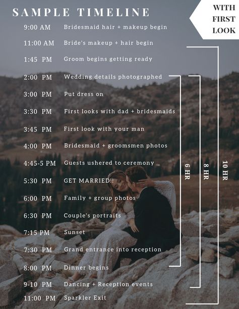 Wedding Photography Itinerary, 8 Hour Wedding Photography Timeline, Wedding Day Photography Timeline, First Wedding Photography Tips, Photographer Timeline Wedding, First Look Wedding Timeline, Wedding Photography Schedule, Wedding Day Timeline Without First Look, Wedding Day Timeline With First Look