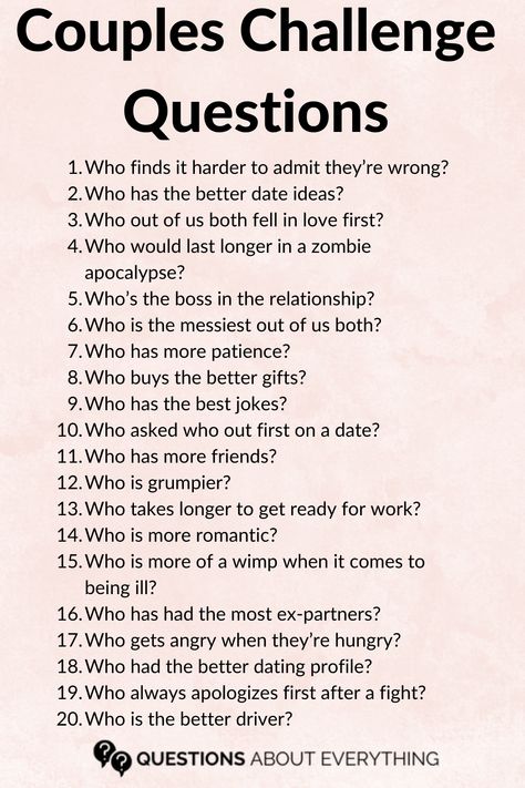 A list of couples challenge questions for couples for Instagram and TikTok videos. Couple Favorite Things Challenge, Compatability Questions For Couples, Couples Challenge Questions, Couple Challenge Questions, Couples Tag Questions, Questionares For Couple, Question List For Couples, Questions Games For Couples, Who Is Most Likely To Questions Game Couple