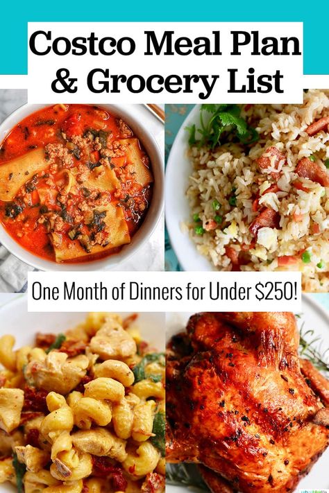 Ever wish you could make your groceries last longer? This Costco Meal Plan and grocery list will help you make enough dinners for a family of four for one month for under $250! #costco #mealplan #mealplanning #mealprep #groceryshopping #cookingtips #recipes #mealpreptips #costcofood #groceries #smartshopping #mealplanningrecipes Meal Plan For A Month On A Budget, Easy Dinner Grocery List, Grocery Outlet Meal Plan, Costco Food Recipes, Costco Crockpot Meals, Costco Freezer Meal Plan, Costco Monthly Meal Plan, Grocery List For Meal Prep, Sams Club Meal Plan Healthy