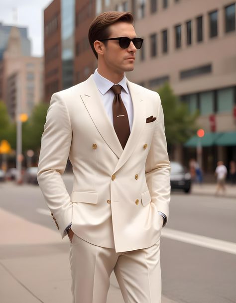 "PLEASE CHECK SIZE CHART CAREFULLY BEFORE PLACING ORDER" Elevate your style with LavidesignCo's Customized Men's Stylish Off White double breasted Suit. This meticulously tailored suit is designed to offer an impeccable fit and a sophisticated look, making it ideal for a wide range of events. ◼ Key Features: 1.  Tailored Fit:  Expertly sharp and feel crafted for a flattering, tailored fit that      ensures you look comfortable  2. Premium Quality Fabric:  Made from high-quality viscose, this suit provides      a luxurious feel and refined appearance 3. Stylish Design:  The classic Off White color and modern design make this suit a      versatile addition to your wardrobe, perfect for both formal and semi-      formal occasions. 4. Complete 2-Piece Set:  Includes a jacket and trousers, prov Double Breasted Groomsmen Suits, Men’s Off White Suit, Off White Suits For Men Wedding, Beige Costume Men, Mens Double Breasted Suit Wedding, Mens White Suit Wedding, Spring Wedding Men’s Suit, Men’s White Suit, Mens Suits Style Modern Fashion Looks