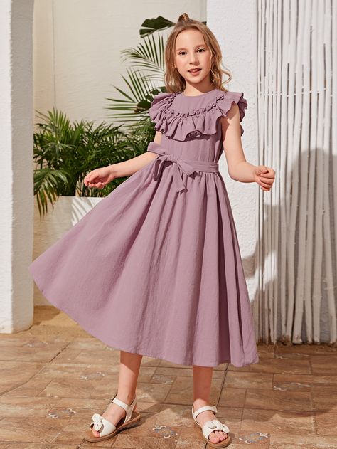 Lilac Purple Cute Collar Sleeveless Cotton Plain A Line Embellished Non-Stretch Summer Girls Clothing Dress For Girls 10-12, Middy Dress, Dress Outfits Party, Girls Ruffle Dress, Bride Dress Simple, Simple Frocks, Simply Dress, Kids Frocks