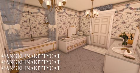 #bloxburgbuild #bloxburg #bathroom #coquette #vintage #aesthetic MADE BY ME Coquette Bloxburg House Bathroom, Bloxburg House Croquette, Coquette Bloxburg Room Ideas, Bloxburg Bathroom Aesthetic, Vintage Bloxburg House Interior, Victorian Interior Bloxburg, Bloxburg Cottage Bathroom, Vintage Bloxburg Room, Bloxburg House Color Pallete