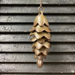 Pinecone Wind Chime - Iron Accents Pine Cone Wind Chime, Pinecone Windchimes, Emerald Library, Nature Wind Chimes, Ladybug Farm, Gardening Gadgets, Coin Wind Chime, Farmhouse Gardens, Deer Antler Wind Chime