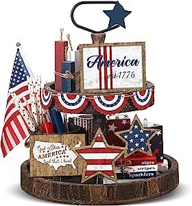 4th of July patriotic tiered tray decoration is colorful and suitable in sizes, so they will easily catch eyes when visitors come, the decorations will make your room more delicate and attractive 4th Of July Tiered Tray Decor, Patriotic Table Decor, Red White Blue Decorations, Patriotic Tiered Tray Decor, Patriotic Tiered Tray, Independence Day Decoration, Fourth Of July Decor, Wooden Stars, 4th Of July Decorations