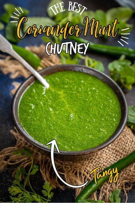 This tangy and spicy Green Chutney (Mint Coriander Chutney, Cilantro Mint Chutney, Indian Green Sauce) is the perfect accompaniment to serve with appetizers or Indian meals. Coriander Mint Chutney Indian, Indian Green Sauce Spicy, Cilantro Mint Chutney Indian, Mint Coriander Chutney, Cilantro Mint Chutney, Mint Sauce Indian, Mint Chutney Indian, Indian Green Chutney, Indian Green Sauce