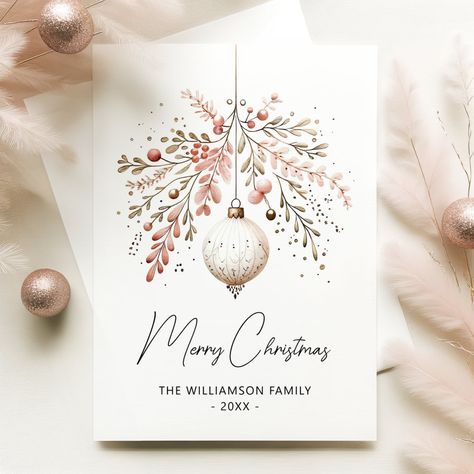 Discover a touch of elegance and festive charm with our Watercolor Christmas Bauble Card. The soft pastel hues of pink and tender greenery adorn a classic Christmas bauble, beautifully capturing the spirit of the holiday season. This flat card offers a quaint and whimsical way to extend your warmest holiday wishes. Ideal for those who appreciate a vintage aesthetic intertwined with modern simplicity. The gentle watercolor texture provides a delicate and authentic feel, making each greeting feel Card Diy Ideas, Christmas Card Diy, Painted Christmas Cards, Christmas Card Art, Card Watercolor, Watercolor Card, 카드 디자인, Watercolor Christmas Cards, 수채화 그림