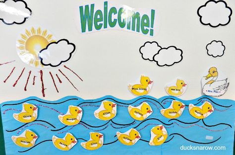 Duck pond poster for preschool classroom bulletin board - use as part of the duck pond name game! #kidsactivities Duck Bulletin Board Ideas, Duck Theme Classroom Decor, Duck Classroom Decor, Lucky Ducks Classroom, Rubber Ducky Classroom, Preschool Welcome Board, Ducks Preschool, Rubber Duck Bulletin Board, Rubber Duck Classroom Theme