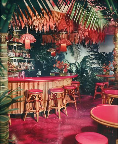 Tiki Bar Photoshoot, Tiki Bar Wallpaper, Tiki Bar Color Palette, Palm Springs Room Aesthetic, Tiki Room Ideas, Wedding Tiki Bar, Tiki Interior Design, Diy Tiki Bar Decor, Retro Tropical Aesthetic