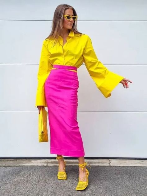 Compelling Shoe Colors With Hot Pink (Fuchsia) Dress 9 Bright Colored Outfits, Colour Combinations Fashion, Cotton Shirts Women, High Waist Long Skirt, Color Combinations For Clothes, Fuchsia Dress, Cotton Long Sleeve Shirt, Classic Style Women, Brunch Outfit