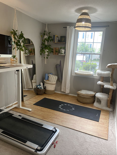 I wanted to create an office space where I could both work and workout. I love my standing desk and walking pad but wanted a space where I could stretch, strength train and practice yoga. Of course I had to make it Kikko friendly, so I added a cat tree & perch so she can be always keep a watchful eye :) Yoga Space In Basement, Craft And Workout Room Ideas, At Home Gym And Office, Workout Room In Bedroom, Workout Room With Carpet, Office With Workout Space, Bedroom Turned Into Gym, Tiny Yoga Space, Gym Corner In Living Room