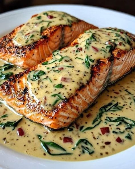 Dr Barbara O'Neill | Pan Sealed Salmon with Creamy Florentine Sauce 🐟🥬 Florentine Sauce, Salmon Recipes Baked Healthy, Grilled Salmon Recipes, Yummy Seafood, Fish Recipes Healthy, Baked Salmon Recipes, Salmon Dishes, Fresh Spinach, Healthy Fish