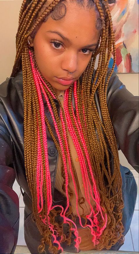 Braided Hairstyles Peekaboo Pink, Braids For Black Women Pink And Black, Ginger Braids With Peekaboo, Braided Hairstyles Pink And Brown, Knotless Braids With Pink Peekaboo, Ginger Peak A Boo Braids, Picaboo Hair Color Braids, Blonde And Pink Bohemian Braids, Black And Pink Peekaboo Goddess Braids