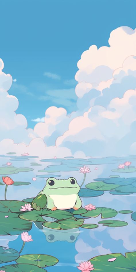 Spring Aesthetic Cartoon, Bluey Lockscreens, Summer Cat Wallpaper, Cute Phone Lockscreens, Froggy Background, Spring Aesthetic Drawing, Kawaii Frog Wallpaper, Spring Ipad Wallpaper, Frog Iphone Wallpaper