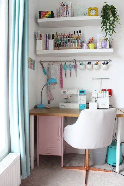 Cute Sewing Room Ideas, Bedroom With Sewing Area, Small Sewing Space Organization, Sewing Table Organization, Sewing Space In Living Room, Sewing Area In Bedroom, Sewing Setup Small Space, Small Sewing Room Ideas Space Saving, Mini Sewing Room