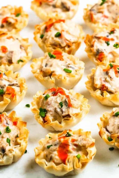 Phyllo Appetizers, Mushroom Tartlets, Phyllo Recipes, Greek Appetizers, Canapes Recipes, Phyllo Cups, Mini Appetizers, Appetizer Ideas, Stuffed Shells Recipe