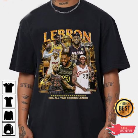 "Lebron James 90s Bootleg, Lebron James Tee, 2023 Lebron James Breaks NBA All-Time Scoring Record, NBA Tshirt, LA Lakers Tee, Lebron Vintage ----------------------------------- Description : Unisex T-shirt: - 5.3 oz 100% preshrunk cotton. - Sport Grey is 90% cotton, 10% polyester. - Fruit of the Loom T-Shirt. Double-needle coverstitch front neck Shoulder-to-shoulder tape Double-needle stitched bottom hem and sleeves High-density fabric for exceptional print clarity. Youth - This youth tee fits l Lebron James 90s, Lebron Vintage, Miami Heat, Easter Day, Lebron James, Tee Design, Vintage Tees, All About Time, Loom