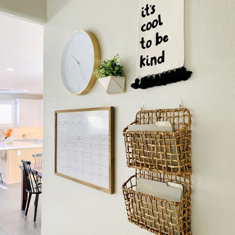 Mail Spot In Kitchen, Entryway Command Center Small Spaces, Office Command Center Ideas, Mail Corner In Kitchen, Living Room Command Center, Command Center Apartment, Family Command Center Cork Board, Family Organization Wall Kitchen, Small Command Center Kitchen