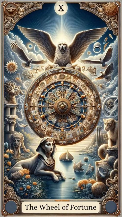 Tarot The Wheel Of Fortune, The Wheel Of Fortune Tarot Meaning, The Wheel Tarot Card, Wheel Of Fortune Art, Wheel Of Fortune Tarot Meaning, Zodiac Tarot Cards, Tarot Wheel Of Fortune, Tarot Cards Decks Beautiful, The Wheel Of Fortune Tarot