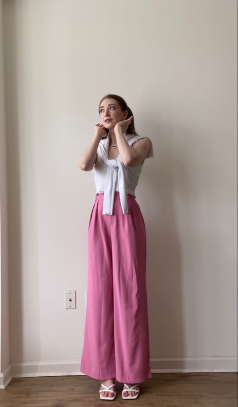 Colorful outfit idea featuring a Barbie pink colored pair of wide leg trousers, white lace tank top, white cardigan, white sandals with a kitten heel, and silver jewelry ✨ Pink Wide Leg Pants Outfit, Pink Trousers Outfit, Grey Trousers Outfit, Dreamy Birthday, Barbie Inspired Outfits, Wide Leg Tailored Pants, Pink Pants Outfit, Teacher Fits, White Lace Tank Top