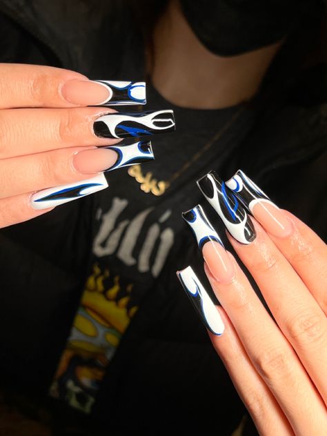 French tip abstract black white dark blue nail designs Blue Black And White Nails Acrylic, Black Blue Nail Designs, Black Blue And White Nails, Edgy Blue Nails, Black And Blue French Tip Nails, Black White And Blue Nails, Blue White And Black Nails, Blue Black White Nails, White And Dark Blue Nails