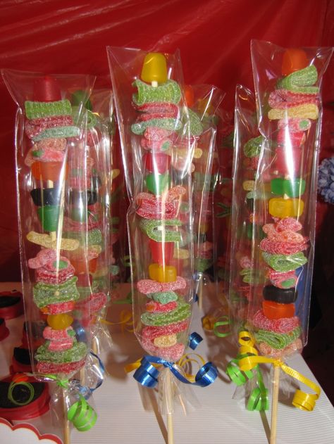 how to pin candy on a stick | Candy on a stick, this was a pain to put on the stick. Used all kind ... Candy On A Stick, Stick Candy, Sweets Ideas, Candy Kabobs, Gummy Candies, Sleepover Birthday Parties, Emoji Party, Sweet Cones, Paw Patrol Birthday Party