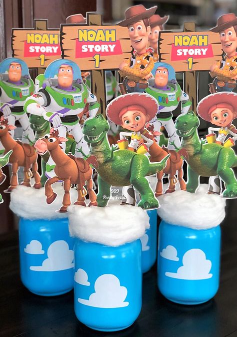 Toy Story Party Decor Toys Story 2nd Birthday, Toy Story Themed 1st Birthday Party, Two Infinity And Beyond Centerpieces, Toy Story Party Ideas Decoration, Toy Story Party Centerpieces Diy, Toy Story Birthday Party Ideas Centerpieces, Toy Story Centerpieces Ideas Diy, Toy Story Birthday Party Centerpieces, Toy Story Party Centerpieces