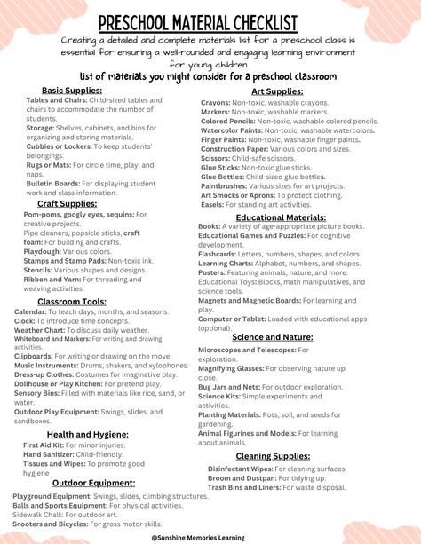 Here's a comprehensive list of materials you might consider for a preschool classroom Preschool Teacher Supplies, Preschool Classroom Wish List Ideas, Preschool School Supply List, Classroom Setup Daycare, Preschool Syllabus, Preschool List, Teacher Supplies List, Teacher Syllabus, Classroom Supplies List