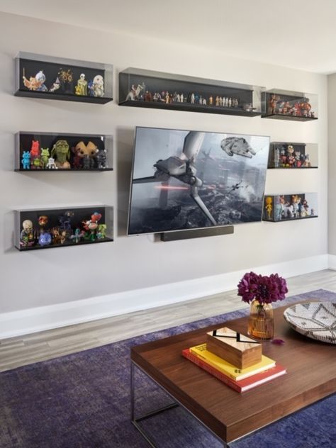 11 Easy Gallery Wall Ideas That Work In Every Space | Chatelaine Display Cases For Action Figures, Large Wall Display Shelves, Home Office Display Wall, Collectors Display Shelves, How To Display Action Figures, Game Room Display Shelves, Man Cave Display Ideas, Display Cases For Collectables, Collectors Display Ideas