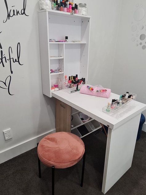 nail polish beauty room glamor manicure drop down table station Manicure Table Ideas Diy, Home Manicure Station, Folding Nail Table, Nails Desk Manicure Station, Nail Table Ideas Diy, Manicure Table Nail Station At Home, Table For Nails Salon, Nail Table Ideas Small Spaces, Manicure Station Ideas At Home