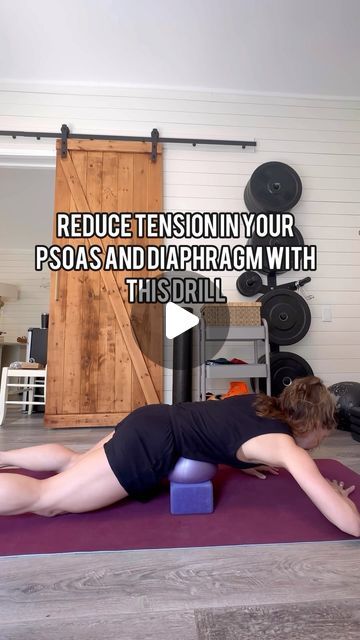 Katie - CSCS, CPT on Instagram: "Your diaphragm attaches on the lumbar spine and so does your psoas.   We can often get hyper focused on stretching the front of the hip to get a hip flexor stretch / release, but we might need to put more emphasis on the proximal attachment.  We can literally use our breath and guts to push pressure back creating length.   You can alter this to have less pressure at first by leaving the block out of it and decreasing the pressure in the corgeous ball.   Find a comfortable place for your body and just lay down and take long slow gentle breaths. And let the pressure do the magic.   You can grab the ball from @yogatuneup   Want to learn more? DM me about my course Empowered Performance, to learn all about the role of the diaphragm and breath and how it affects Psoas Release Trigger Points, Psoas Stretch Release, Hip Release, Yoga Restorative, Psoas Stretch, Somatic Exercises, Psoas Release, Pilates Reformer Exercises, Lumbar Spine