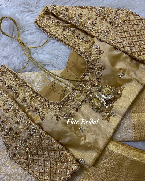 Customised Work Blouse by Elite Bridal Store ♥️✨ Bridal Designer Blouse, Gold Zardosi Work Blouse, Bridal Blouses Designs, Gold Blouse Designs Indian, Aari Work Blouse Designs, Bridal Maggam Work Blouses, Bridal Blouse Designs Latest, Latest Aari Work Blouse Designs, Bridal Aari Work Blouse Designs