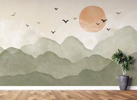 Bohemian Colors Self Adhesive Nursery Wallpaper, Sunset Through the Mountains With Watercolor Effect Peel & Stick Textured Wall Mural. - Etsy Mountain Baby Nursery, Baby Nursery Murals, Nursery Paint, Nursery Wall Painting, Nursery Safari, Kindergarten Wallpaper, Wallpaper Sunset, Ink Water, Kids Room Murals