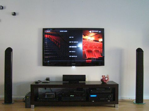 Tv Set Up, Tv Setup, Set Up Ideas, Home Theater Speaker System, Tv Over Fireplace, Entertainment Center Kitchen, Rear Speakers, Home Theater Setup, Entertainment Center Repurpose