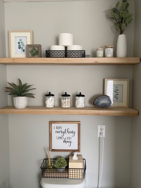 Washroom Shelf Ideas, Bathroom Shelf Styling Ideas, Bathroom Wall Shelf Ideas Above Toilet, Behind Toilet Shelf Decor, Boho Above Toilet Shelves, Bathroom Shelves Over Toilet Boho, Toilet Ideas, Bathrppm Shelves, Over The Toulet Shelves