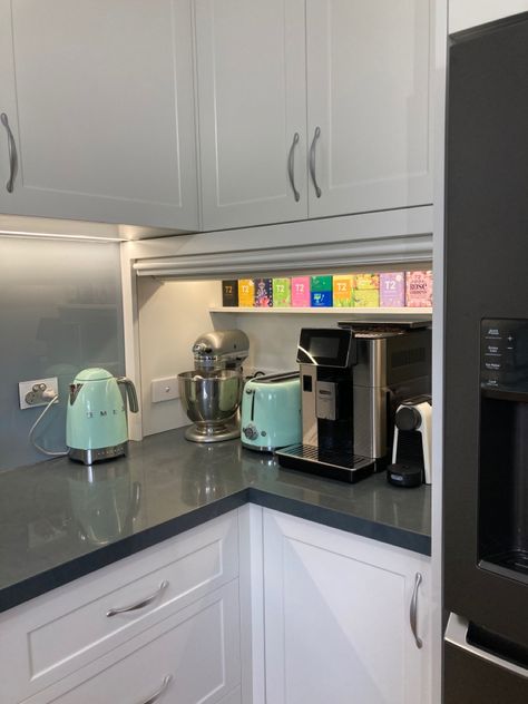 Oven Mixer Cabinet, Appliance Corner Kitchen, Kitty Corner Kitchen Island, Appliance Garage Kitchen Corner, Mixer Storage In Kitchen, Kitchen Dinner Ideas Open Plan, Kitchen With Silver Appliances, Modern Corner Kitchen, Kitchen Garage Cabinet