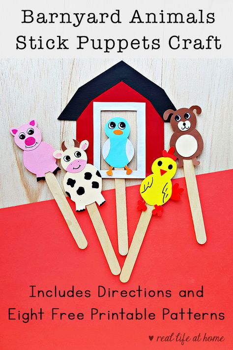 Here are directions and eight free printable patterns for farm animal stick puppets. Your kids can use these for finger plays, songs, storytelling, and more. #StickPuppets #FarmTheme #FarmAnimals Popsicle Stick Crafts For Kids, Farm Animals Activities, Cow Craft, Animal Activities For Kids, Farm Craft, Farm Animal Crafts, Puppets For Kids, Farm Crafts, Puppet Crafts