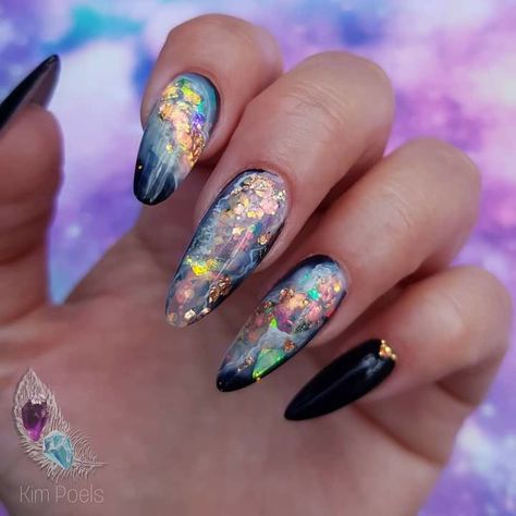 Colorful Black Nails, Cateye Almond Nails, Reverse Chrome Nails, Black Opal Nails, Gothic Nail Ideas, Whimsical Nails, Heavenly Nails, Feet Nail Design, Opal Nails