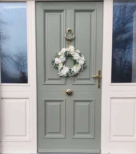 Colourtrend on Instagram: “Welcome colour into your home with a brightly painted front door. Gris Verte is a playful green with a grey undertone that works perfectly…” Green Grey Front Door, Frenchic Paint Front Door, Dulux Front Door Colours, Dulux Blue, Strong Silent Type, Green Grey Paint, Front Door Inspiration, Colourtrend Paint, Frenchic Paint