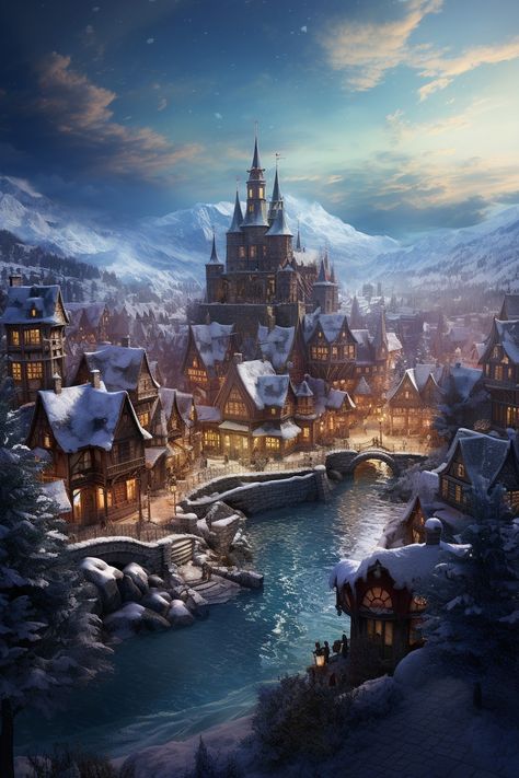 Winter Castle Concept Art, Norway Fantasy Art, Snow Town Fantasy Art, Fantasy Nordic City, Winter Kingdom Fantasy Art, Fantasy Mountain Town, Snow Kingdom Fantasy Art, Snowy Village Fantasy Art, Fantasy River City