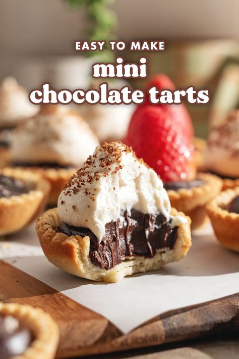 These mini chocolate tarts are made with a tender shortcrust pastry tart shell with a simple chocolate ganache filling. They're so easy to make in a muffin pan! Top them with flaky salt, whipped cream, or fresh fruits! #chocolate #chocolatetarts #tart | teakandthyme.com Mini Chocolate Tarts Recipe, Simple Chocolate Ganache, Dessert Tarts Mini, Mini Chocolate Pie, Easy Fruit Tart, Chocolate Tarts Mini, Shortcrust Pastry Recipes, Mini Fruit Tarts, Chocolate Tarts