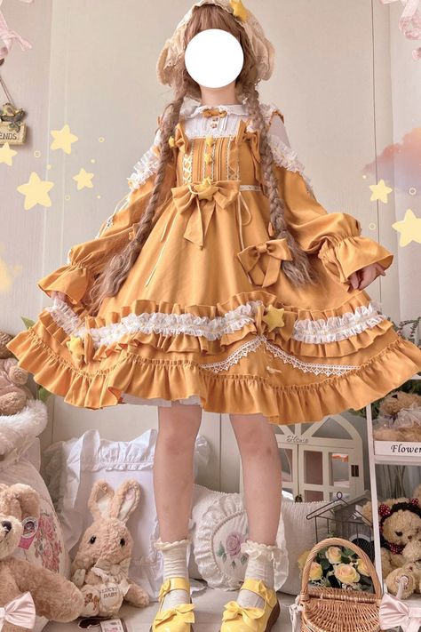 Yellow Puffy Sleeve Dress, Frill Dress Pattern, Cottagecore Clothing Aesthetic, Cute Rain Coat, Cute Frilly Dresses, Pastel Yellow Clothes, Little Dress Outfit, Different Aesthetics Fashion, Fancy Yellow Dress