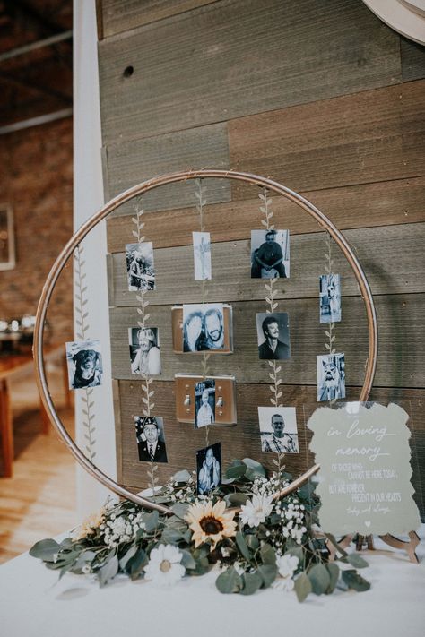 Hula Hoop Memory Table, Passed Ones At Wedding, Engagement Anniversary Decoration Ideas, In Memory At Wedding Ideas, Circle Wedding Decor, Wedding Ideas In Memory Of, Wedding Ideas For Loved Ones Who Passed, Memory Wall For Wedding, Memory Table Birthday Party