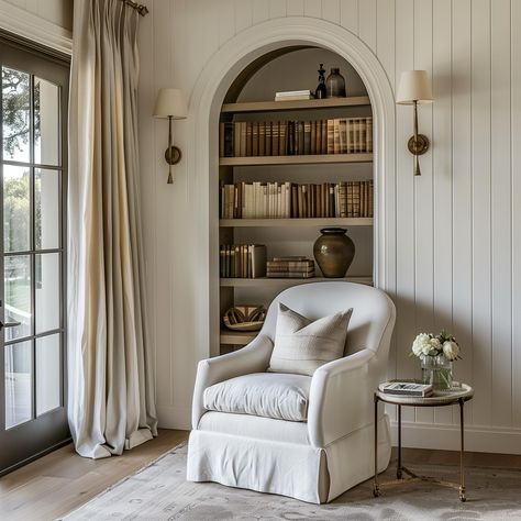 There’s nothing I love more than a cozy corner nook and a good book! I love the texture and dimension this arched built in bookcase provides, and the vertical shiplap helps elongate the height of the wall, providing the illusion of higher ceilings—one of my favorite design tricks! AI Design: @oakhavendesignco . . . . . . . #virtualdesign #virtualdesignservices #virtualhomedesign #moodboards #cozycornernook #readingnook #shiplap #rustichomedecor #aihomedesign #AI #bedroom #europeanfarmhous... Arched Built In Bookcase, Arch Bookshelf Built Ins, Family Moodboard, Wall Nook, Back Porch Designs, Vertical Shiplap, Bedroom Built Ins, Corner Nook, Design Tricks