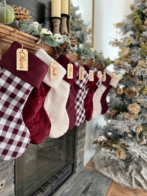 "*Please note this listing is for 1 stocking. Please select multiple quantities for more than 1 stocking.* 🎄❤️ Happy Holidays! ❤️🎄 We can make almost any tree skirt to match your stocking set! Please message me if you need one to match! 🎄 Get your Holiday mantel Christmas ready with our gorgeous handmade personalized Christmas stockings! Our handmade christmas stockings have a designer minky cuff and coordinating bottom. All stockings can be personalized for every member of the family, even your fur babies! They are handmade in the USA and measure approximately 7\"W x 21\"L. Because each of our stockings are made by hand, dimensions may vary slightly. Our turnaround time is 1-3 business days January-October, and 5-7 business days November-December. Please feel free to reach out to me wi Holiday Stockings Diy, Family Christmas Stockings Personalized, Matching Stockings Christmas, Mix Match Stockings Christmas, Red Stockings Christmas, Classic Stockings Christmas, Stockings Christmas Aesthetic, Stocking Christmas Decor, Burgundy Christmas Decor Color Schemes