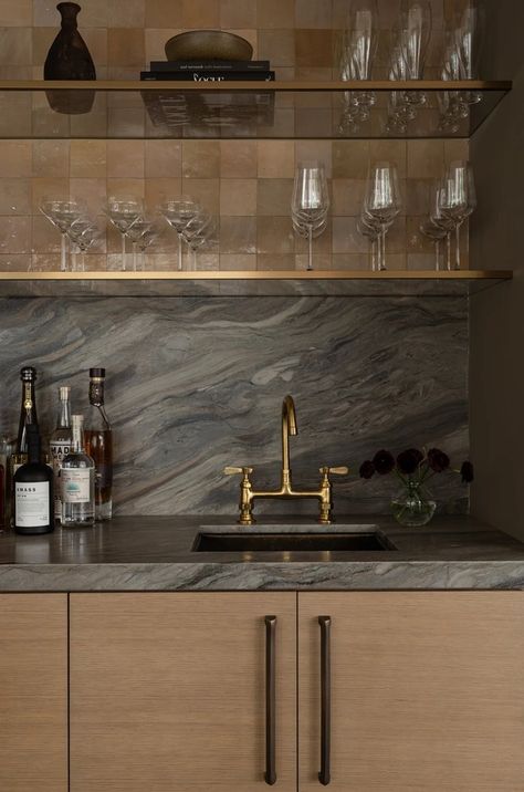 Berea Gallery | Viv & Leone Modern Mediterranean Wet Bar, Residential Bar Design, Luxury Bar Shelves, Green Wet Bar, Large Wet Bar, Wet Bar Island, Moody Wet Bar, Stone Bar Shelves, Brass Backsplash Dry Bar