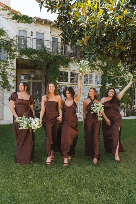 bridesmaids dress inspo | bridesmaid dress | bridal party | bridesmaid dresses Chocolate Satin Bridesmaid Dress, Brown Brides Made Dresses, Fall Brown Bridesmaid Dresses, Chocolate Brown Bridesmaids Dresses, Wedding In The Woods Bridesmaids, Champagne Brown Bridesmaid Dresses, Different Brown Bridesmaid Dresses, Brown Dresses Bridesmaid, Light Brown Bridesmaid Dresses Long