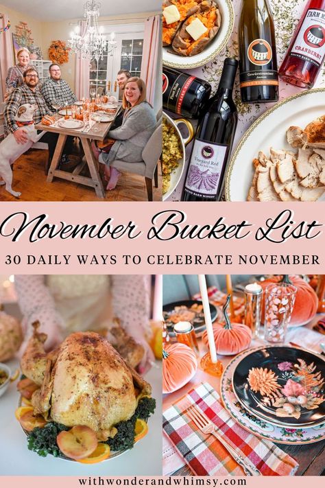 Happy November, whimsies! A new month means a new monthly bucket list, packed with fun and creative things to do all November long. In my November Bucket List, I’m sharing 30 ways to celebrate November to help you give thanks for what you have, find ways to show thanks to those you love, and spread goodness and light. November’s roundup is all about being giving, gracious, and cozy this Thanksgiving and holiday season! Monthly Bucket List, November Bucket List, Pastel Christmas Decor, November Ideas, November Thanksgiving, November Activities, Christmas Bucket List, Friendsgiving Party, Happy November