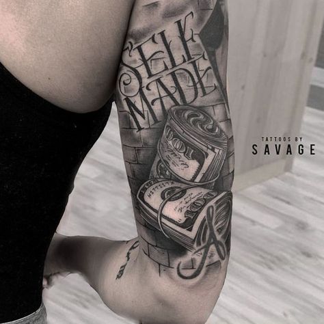 Money Related Tattoo Ideas, Money Come Money Go Tattoo, Money Motivation Tattoos, Money Meaning Tattoo, Aesthetic Sleeve Tattoo Men, Wealth Tattoos Men, Mens Money Tattoos, Married To The Money Tattoo, Time And Money Tattoo